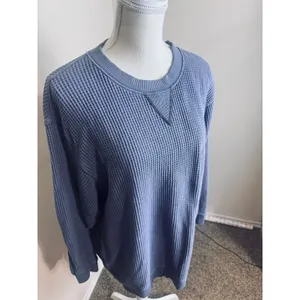 Aerie Oversized Waffle Knit Crewneck Sweatshirt Blue Gray sz M thermal thumbnail 2