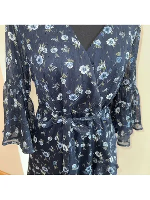 Altar’d State Women's Blue Floral Metallic Stripe Mini Ruffle Dress Size Medium thumbnail 2