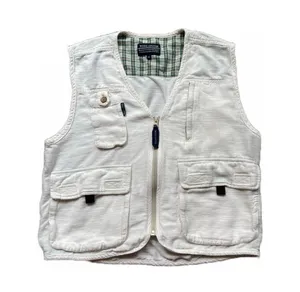 White camping / hunting / fishing vest with green plaid lining and front pockets 🔥 thumbnail 1