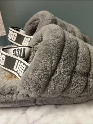 UGG Plush Quilted Gray Fluff Slide with Branded Strap thumbnail 2