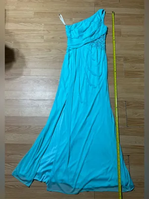 David’s bridal Malibu blue one-shoulder floor length, lace inset @one waistline. thumbnail 6