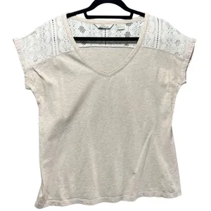Bob Timberlake Lace Shoulder V-Neck Knit Top Beige‎ Short Sleeve Tee Women's L thumbnail 1