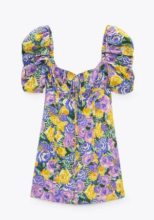 ZARA Floral Boho Summer Mini Dress Puff Sleeve thumbnail 2