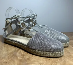 Stuart Weitzman Silver Metallic Lace-Up Espadrille Flats Size 8.5M thumbnail 1