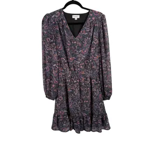 Evereve Olympia Black Purple Floral Dress Long Sleeve Ruffle Boho Womens Small thumbnail 2