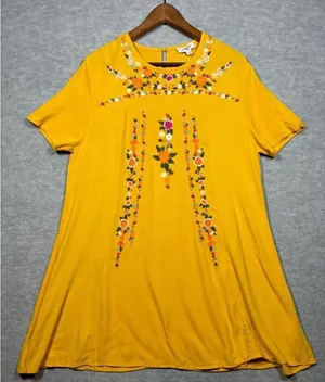 Umgee Womens M Mustard Yellow Embroidered‎ Floral Dress Casual Boho Chic thumbnail 1