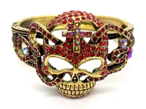 Skull Head Cuff Bracelet w/ Red Rhinestones thumbnail 1