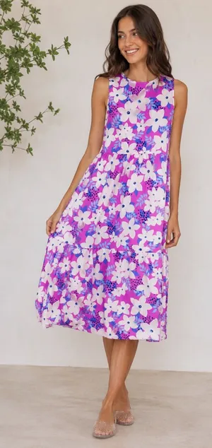 Easel‎ Purple Floral Sleeveless Tiered Poplin Midi Dress S Tropical Resortwear thumbnail 1