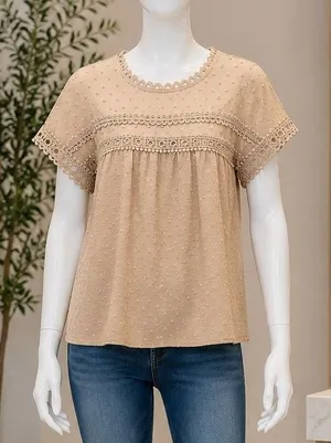 Dokotoo Womens Blouse Tan Swiss Dot Crochet Lace Trim Button Back Large thumbnail 1