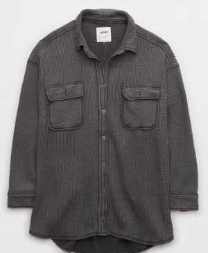 Aerie Women’s Lumberjane Waffle Knit Shacket Button-Up Shirt Dark Grey XS thumbnail 1