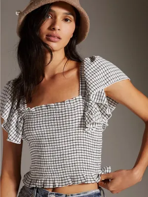 Anthropologie Maeve Crinkle Gingham Smocked Top thumbnail 1