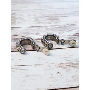 Vintage Clip On Earrings - Elongated Thick Hoops with Gems - Tarnished thumbnail 10