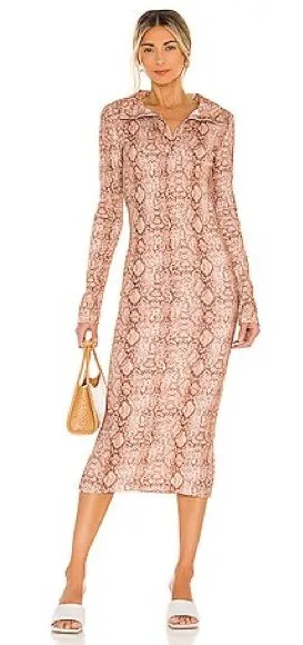 LOVERS + FRIENDS Brown Snake Print Long Sleeve Collared Midi Dress Sz S thumbnail 1