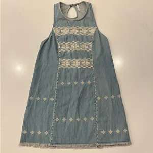 Free People Embroidered Chambray Denim Mini Dress | Size XS | Aztec Racerback thumbnail 3