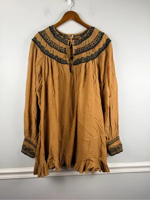 Free People Anthropologie Erin Embroidered LS Bronze Keyhole Mini Dress Size med thumbnail 4