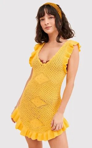 Free People FP Beach Mini Dress Gold Mykonos Fauxchet Sweater Cover Up Medium thumbnail 1