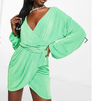 ASOS - Green Wrap Slinky Blouson Sleeve Dress thumbnail 1