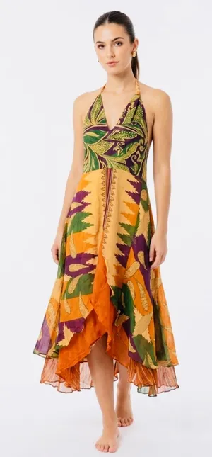 Raj 100% Silk Boho Halter Dress Size S Multi-Color Patchwork India thumbnail 1
