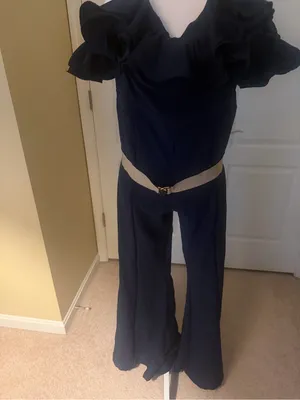 Loragal off-Shoulder Navy Ruffle Wide-Leg Jumpsuit with gold Belt side zip NWT thumbnail 3