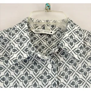 Zara Linen Floral‎ Print Button-up Shirt Tunic, 3/4 Sleeve, White/Blue XSmall thumbnail 8