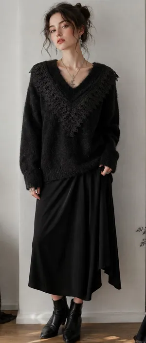 En Crème Black V Neck Lace Collar Fuzzy Sweater Womens S Whimsigoth Witchy thumbnail 1