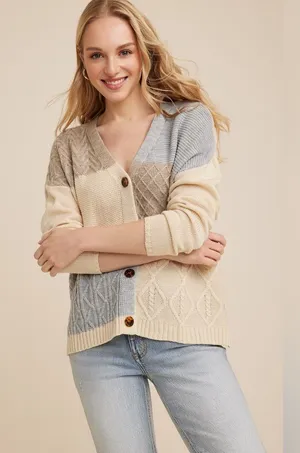 Maurice's Patchwork Cable Knit‎ Cardigan Sweater Medium Brown thumbnail 1
