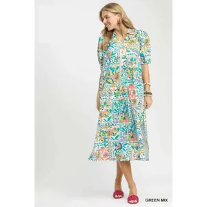 Umgee Folk Print Midi Dress with‎ Side Pockets - Small thumbnail 5
