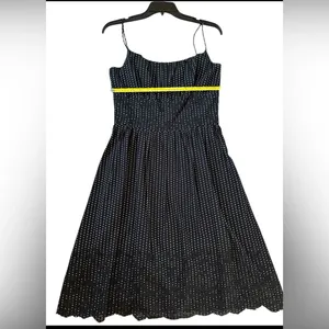 Ann Taylor Black White Polka Dot‎ Midi Dress Eyelet Hem Spaghetti Straps Size 4 thumbnail 7