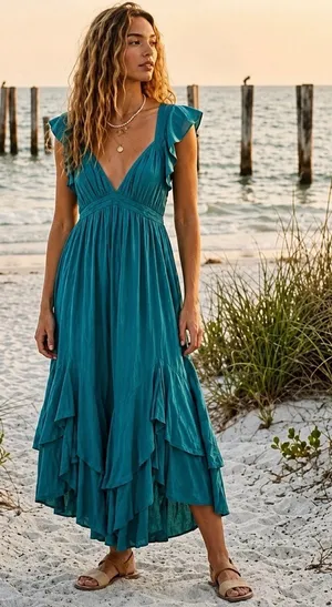 NEW Free People Free-est Tropic Teal Aquamarine String Of Hearts Midi Dress XS thumbnail 1