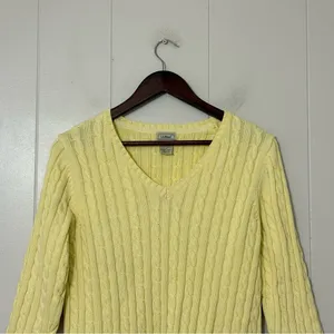 L.L.Bean Cable Knit Sweater Yellow Cotton V Neck 3/4 Sleeve Womens M thumbnail 4