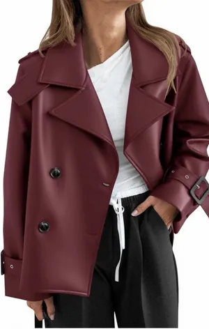 Womens Faux Leather Motorcycle Jacket Textured Oversized Moto Dark Red L thumbnail 1