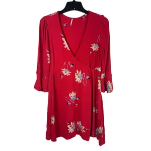 Free People Red Floral Wrap Dress Women’s S Bell Sleeve Boho Mini Dress thumbnail 2