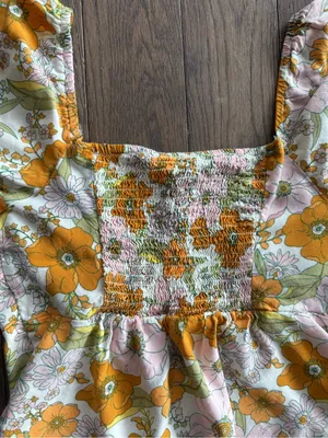 Floral Puff-Sleeve Crop Top - Orange & Pink thumbnail 7