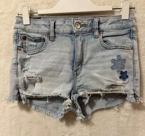 American Eagle Womens 2 Next Level Stretch Distressed Floral Denim Shorts Light thumbnail 1