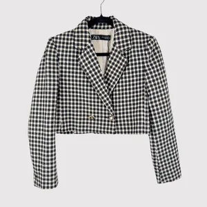 ZARA Womens Blazer Black Double Breasted Plaid Cropped Tweed Jacket Notched XS thumbnail 2