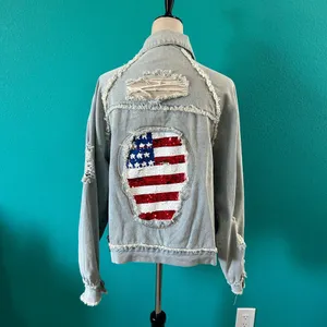 POL Distressed Denim Jacket American Flag Patriotic Sequence Americana Size S thumbnail 2