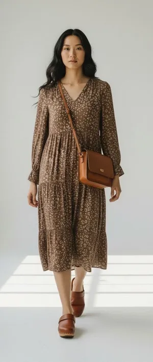 Woman’s Boho Cottagecore Brown Animal Print Long Sleeve Tiered Midi Dress XS thumbnail 1