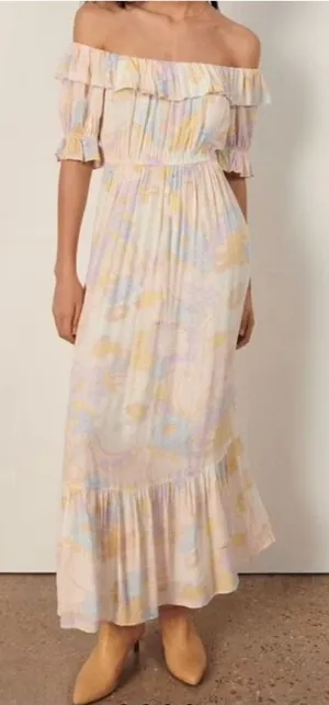 Ba&sh Noma Printed Maxi Dress Off Shoulder Ruffle Pastel Floral Size S thumbnail 1