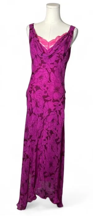 Vintage ICE Magenta Floral Bias Cut Silk Asymmetrical Maxi Dress thumbnail 1