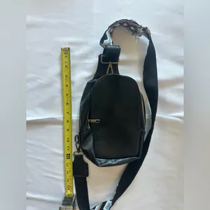 Black Leather Crossbody Sling Bag with Patterned Strap thumbnail 2