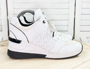 Michael Kors Georgie Logo Wedge Heel Leather Mid Top Sneakers White Black 8.5 thumbnail 1