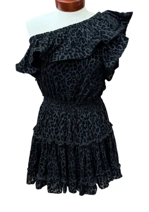 Buddy Love Black Leopard Cheetah Mini Dress XS NEW One Shoulder Velvet Velour thumbnail 1