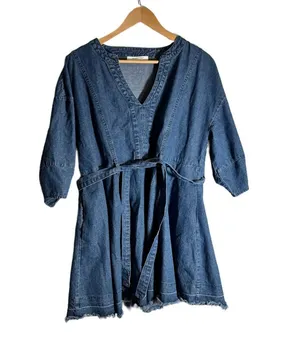Mustard Seed Denim Wrap Dress Women's Large Mini Dress Distressed Western Boho thumbnail 1
