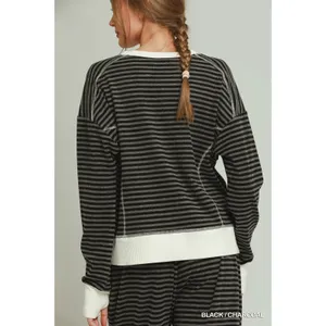 Umgee Tencel Fleece Stripe Crewneck Top - Black - Medium thumbnail 3