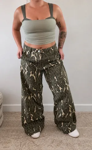American Bazi Olive Camo Rhinestone Wide Leg Pants High Rise NWT Size L thumbnail 1