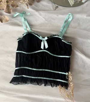 Y2K Bebe Blue and Black Bow Detail Ruffle Trim Corset Bustier Top thumbnail 1