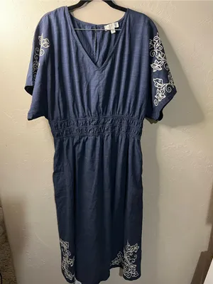 She + Sky Blue Embroidered Boho Midi Dress Rayon Cotton Cottagecore thumbnail 2