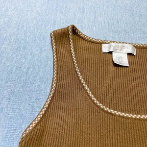 Caroline Constas New York Ribbed Checkered Trim Tank Size XS in Brown thumbnail 3