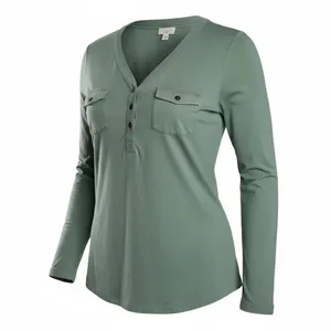 🩷 J. Jill Women Henley Top Large Green Long Sleeve V-Neck Utility Pockets Cotton thumbnail 2