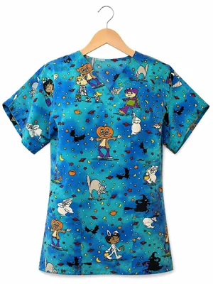 Vtg 90s Eureekas Castle Halloween Scrub Top small Cute Cartoon Teal Blue Nurse thumbnail 2